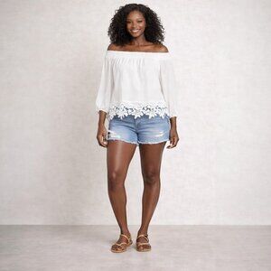 All In Favor Off Shoulder Crochet Lace Hem Boho Blouse Top XL NWT - Off White